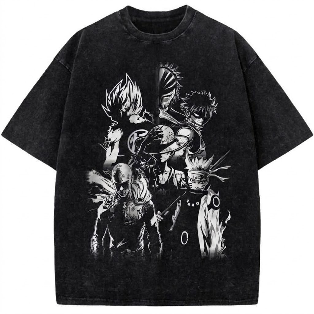 Anime Legends Crossover Vintage Washed T-Shirt Naruto, Luffy, Saitama, Ichigo Retro Graphic Tee