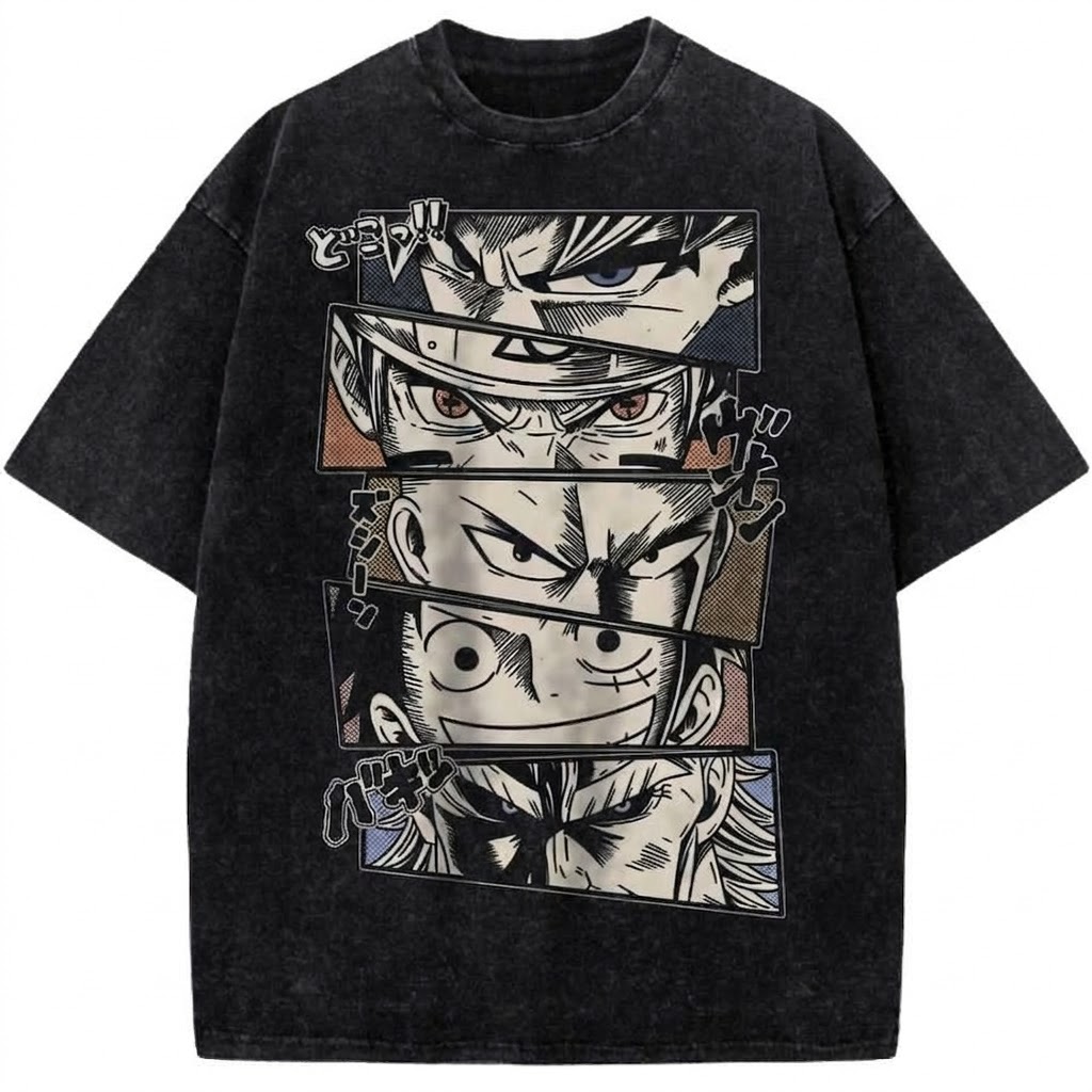Anime Legends Vintage Washed T-Shirt Naruto, Luffy, Saitama, Ichigo & Goku Manga Panel Graphic Tee