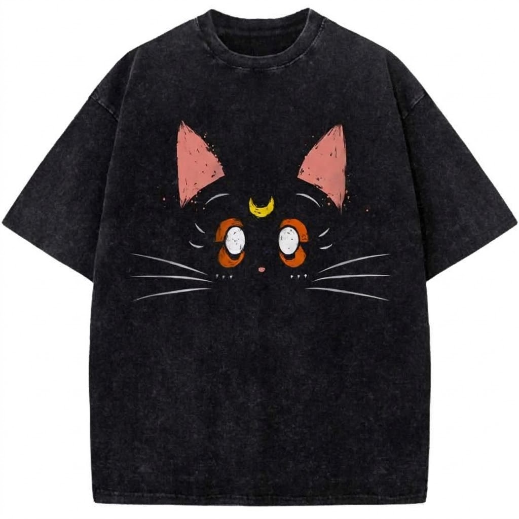 Anime Moon Cat Face Graphic Vintage Washed T-Shirt