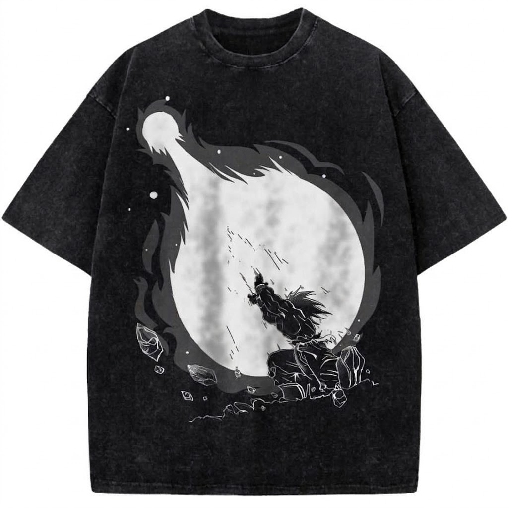 Anime Moon Slash Warrior Vintage Washed Tee Japanese Samurai Silhouette Graphic T-Shirt