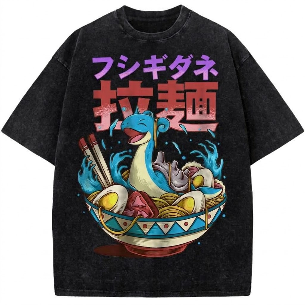 Anime Ramen Dragon Vintage Washed Tee Japanese Street Food Anime Graphic T-Shirt