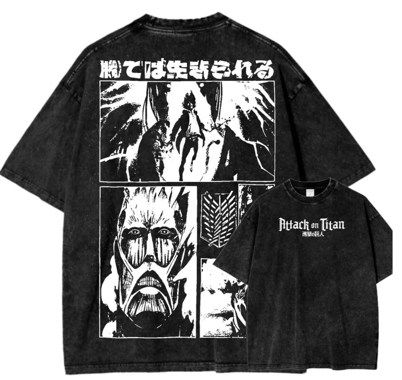 Attack on Titan Washed T-Shirt - Unisex Vintage Anime Graphic Tee - Eren & Colossal Titan Design