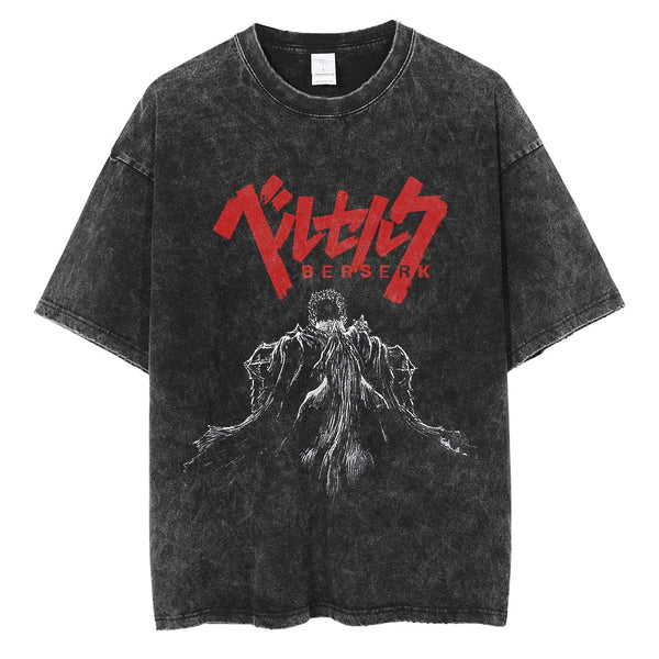 Berserk Anime Vintage Washed T-Shirt Dark Manga Warrior Graphic Streetwear Tee