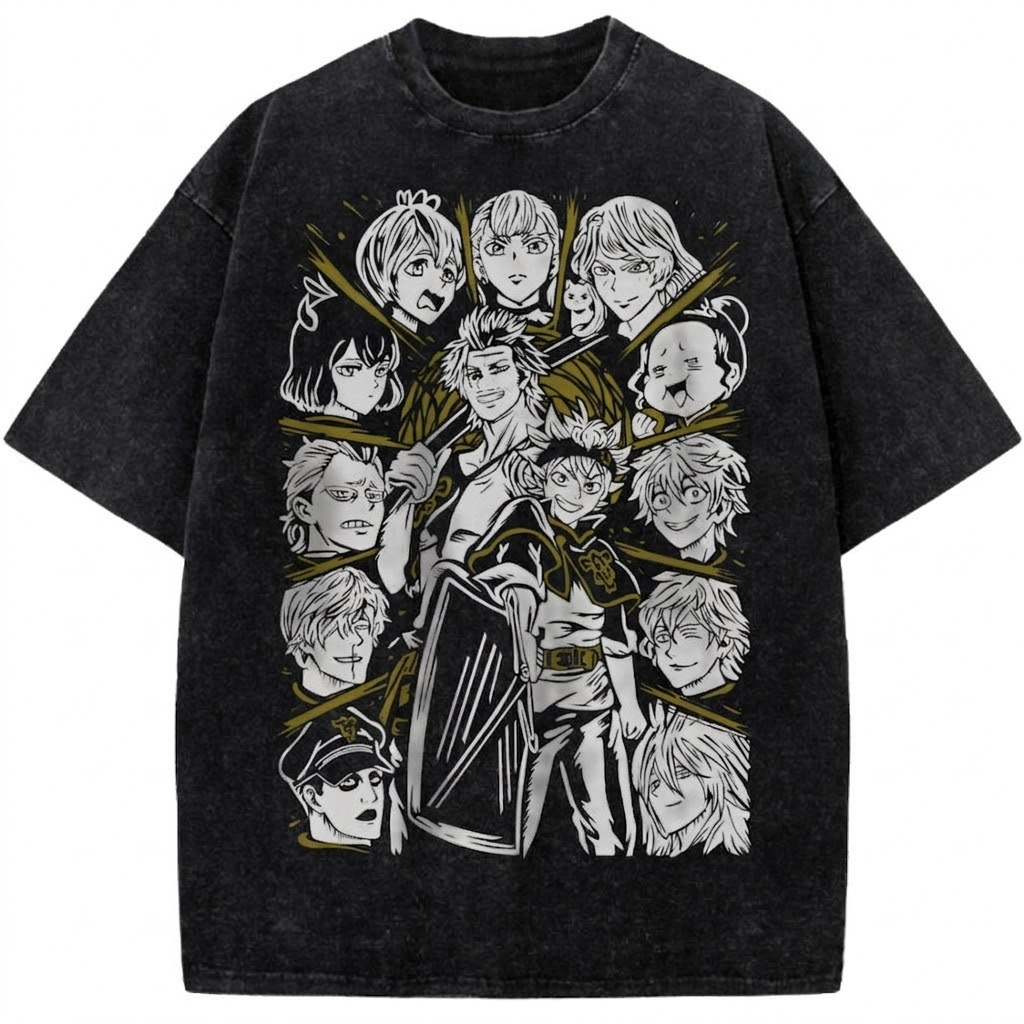 Black Clover Magic Knights Vintage Washed Anime Tee Asta & Squad Graphic Streetwear T-Shirt