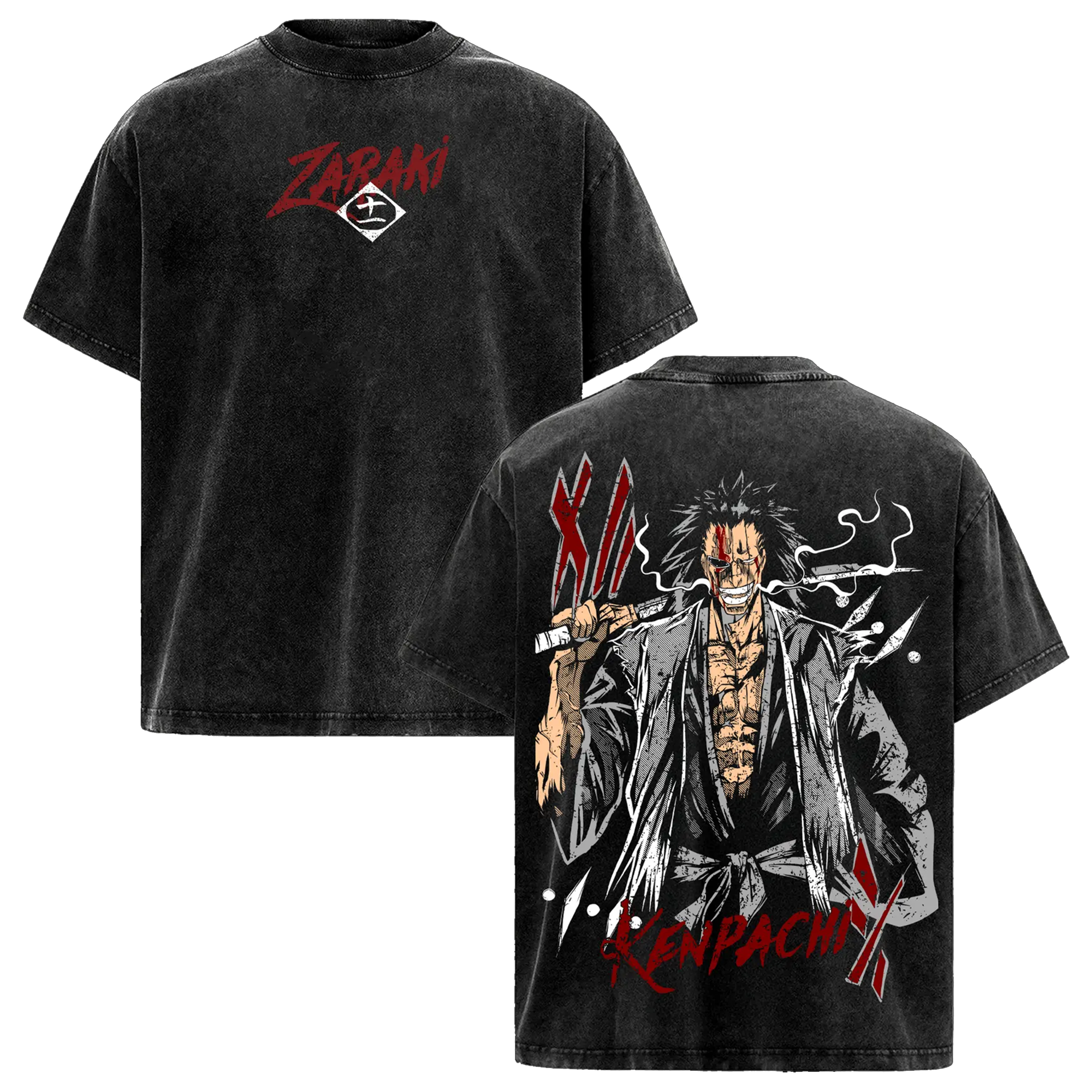 Bleach Kenpachi Zaraki Washed Anime T-Shirt – Streetwear Manga Tee, Oversized Anime T-Shirt