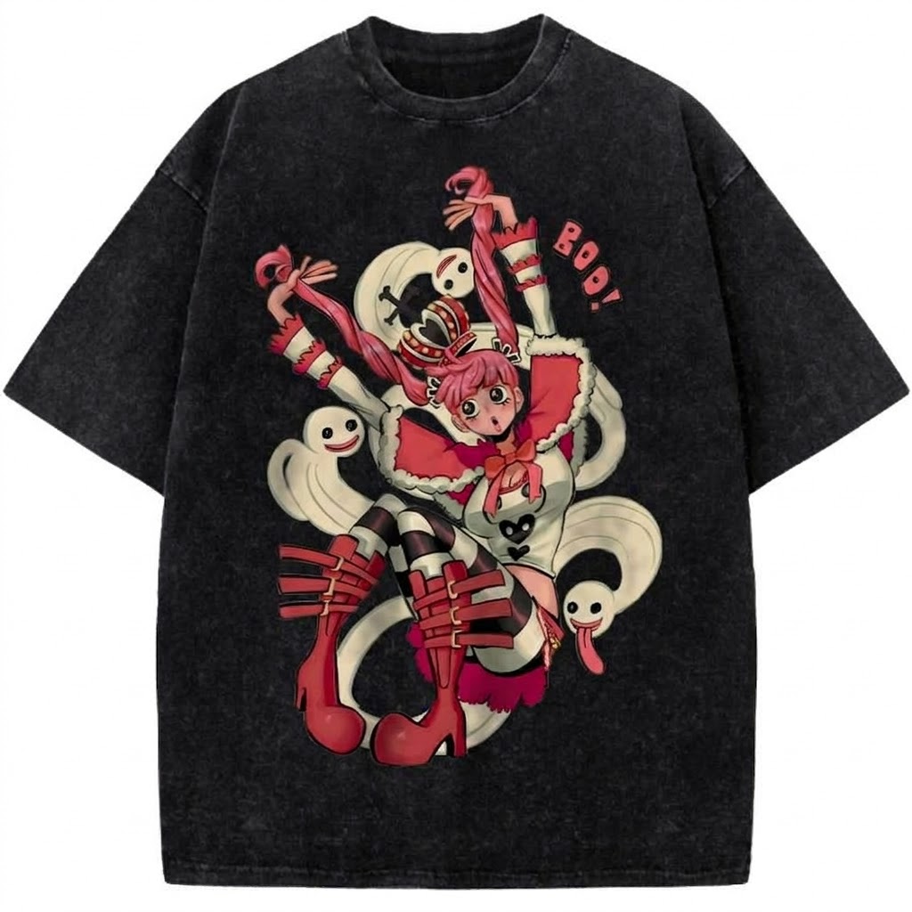 Boo Ghost Princess Anime Vintage Washed Tee Spooky Kawaii Girl Graphic T-Shirt