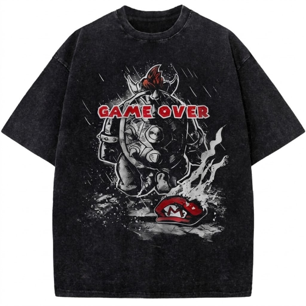 Bowser Game Over Mario Gaming Anime Vintage Washed Tee