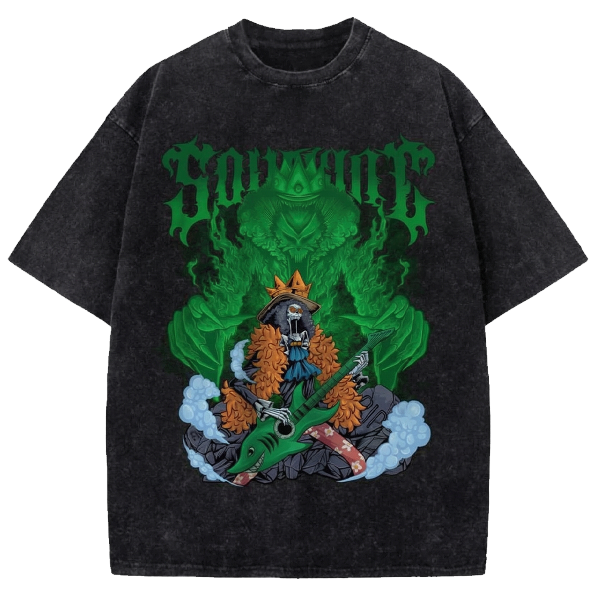 Brook One Piece Vintage Washed Oversized Shirt – Retro Anime Manga Graphic Streetwear Tee