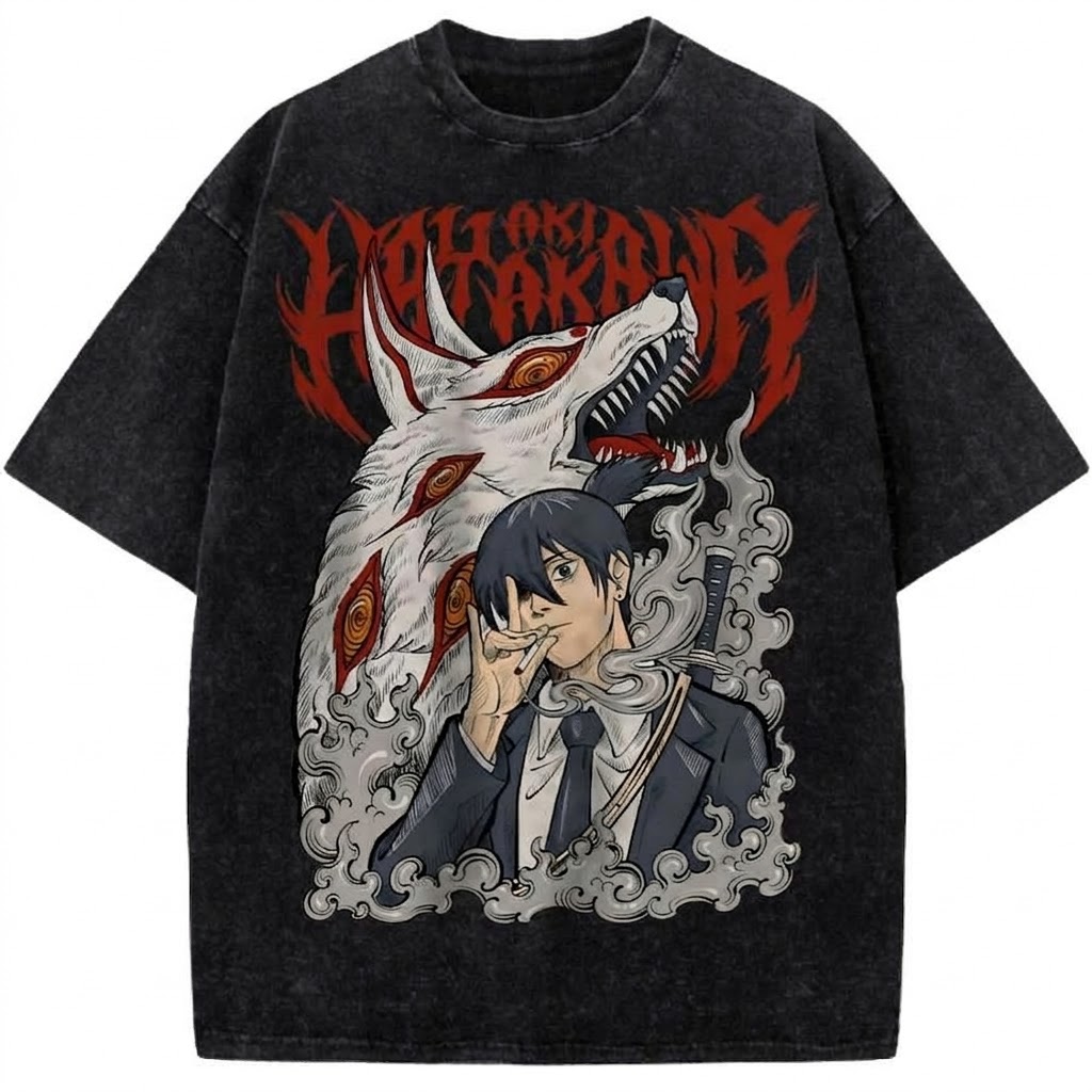 Chainsaw Man Aki Hayakawa Fox Devil Anime Graphic Vintage Washed T-Shirt Dark Japanese Anime Demon Contract Character Retro Streetwear Vintage Washed Tee