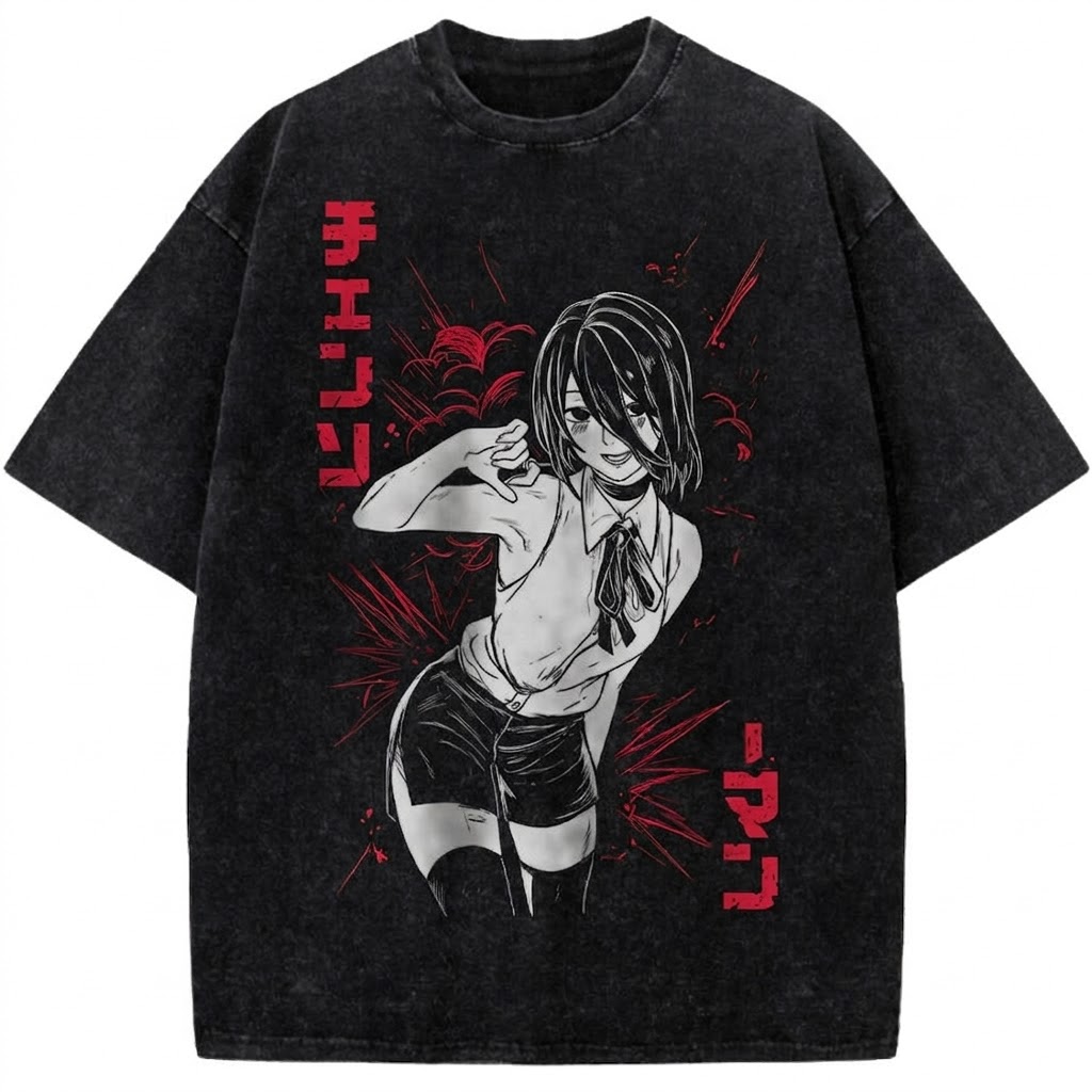 Chainsaw Man Reze Anime Vintage Washed Tee Japanese Manga Devil Hunter Graphic Streetwear T-Shirt
