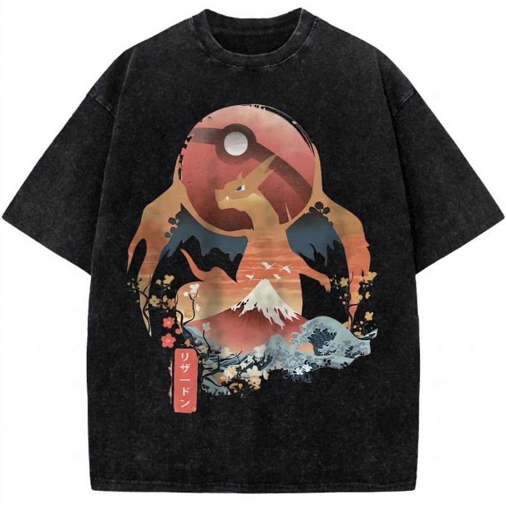 Charizard Pokémon Japanese Vintage Washed T-Shirt Mount Fuji Ukiyo-e Style Anime Graphic Tee
