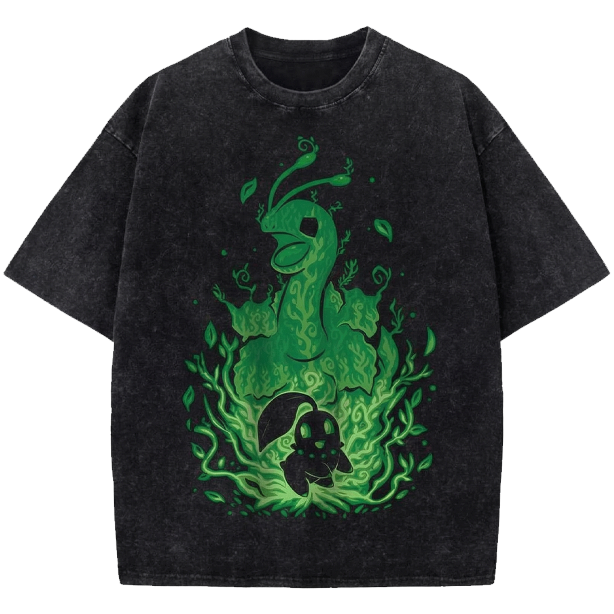 Chikorita Meganium Anime Oversized Washed T-Shirt, Pokemon Manga Streetwear Shirt Japanese Vintage Distressed Tee