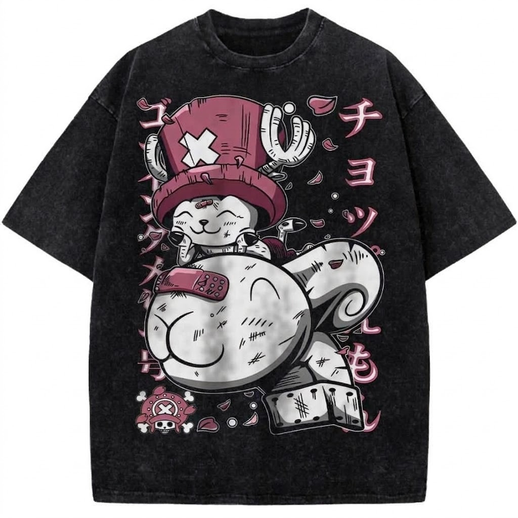 Cute Anime Reindeer Pirate Vintage Washed Tee Kawaii Chibi Animal Graphic T-Shirt