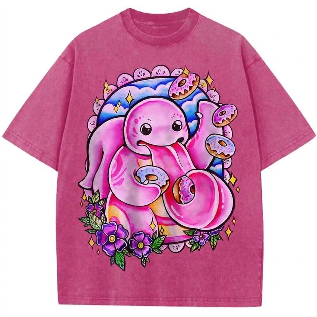 Cute Axolotl Donut Anime Vintage Washed Tee Kawaii Pink Axolotl Graphic T-Shirt