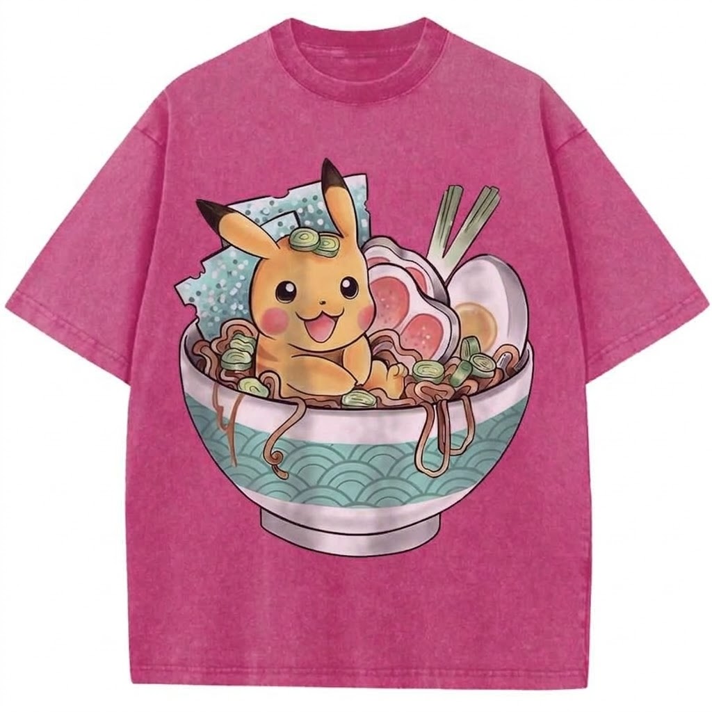 Cute Electric Mouse Ramen Anime Vintage Washed Tee Kawaii Noodle Lover Graphic T-Shirt