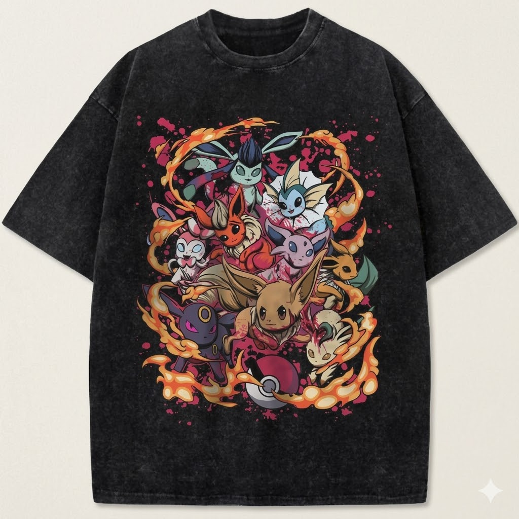 Cute Fox Evolution Anime Vintage Washed Tee Fantasy Creature Squad Graphic T-Shirt
