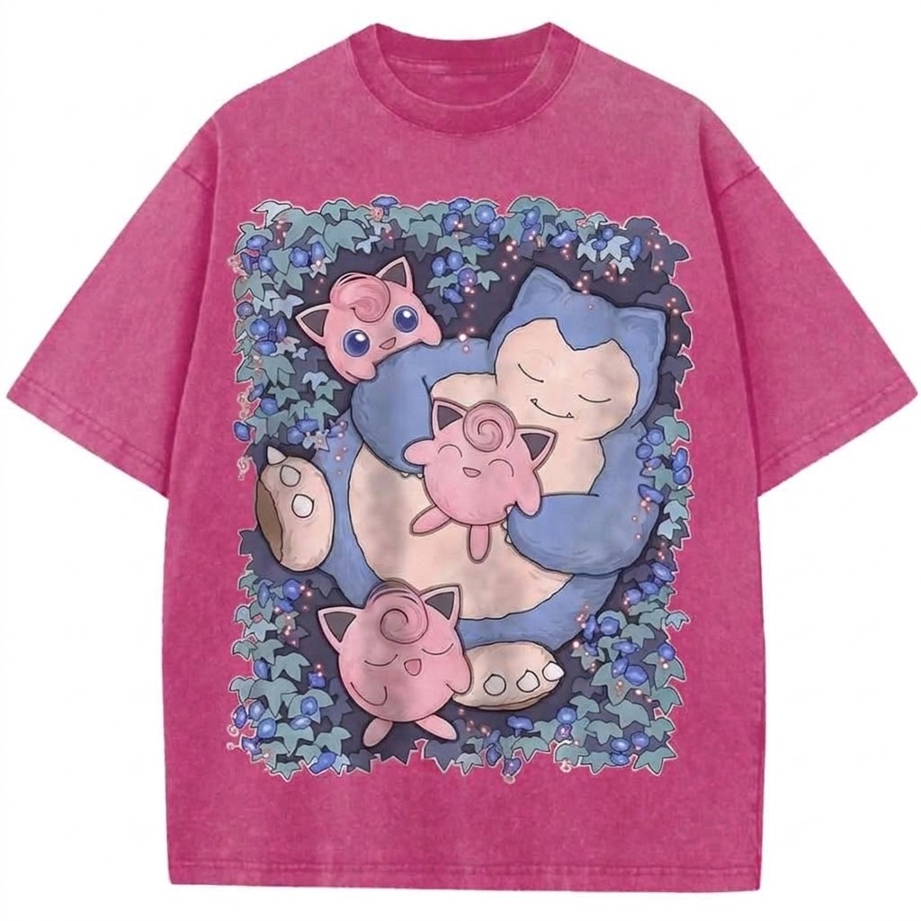 Cute Snorlax And Jigglypuff Pokémon Anime Vintage Washed Graphic Tee