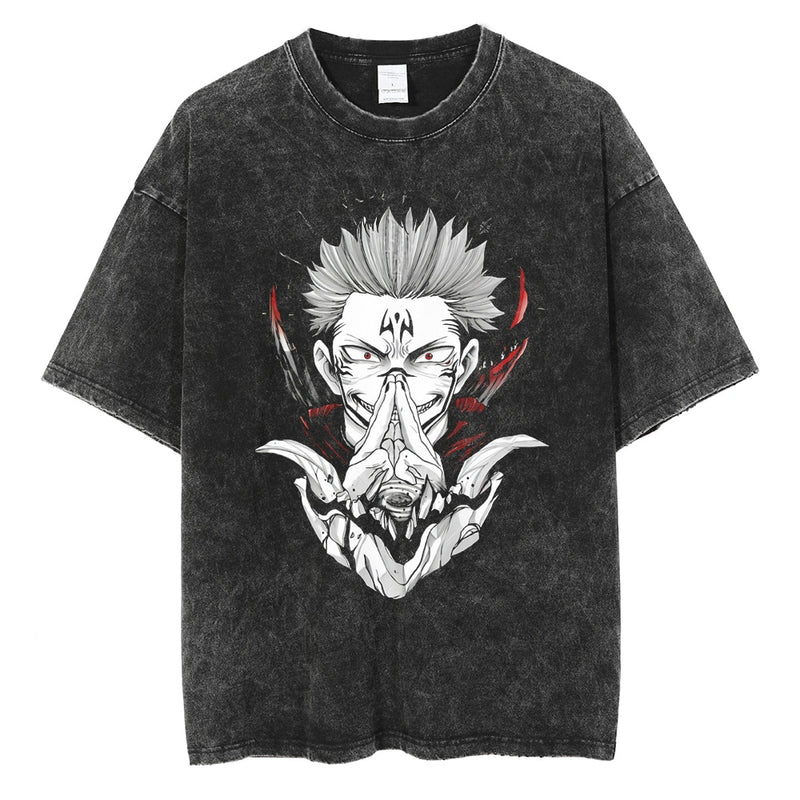 Dark Curse Anime Vintage Washed T-Shirt Demon Manga Graphic Streetwear Tee