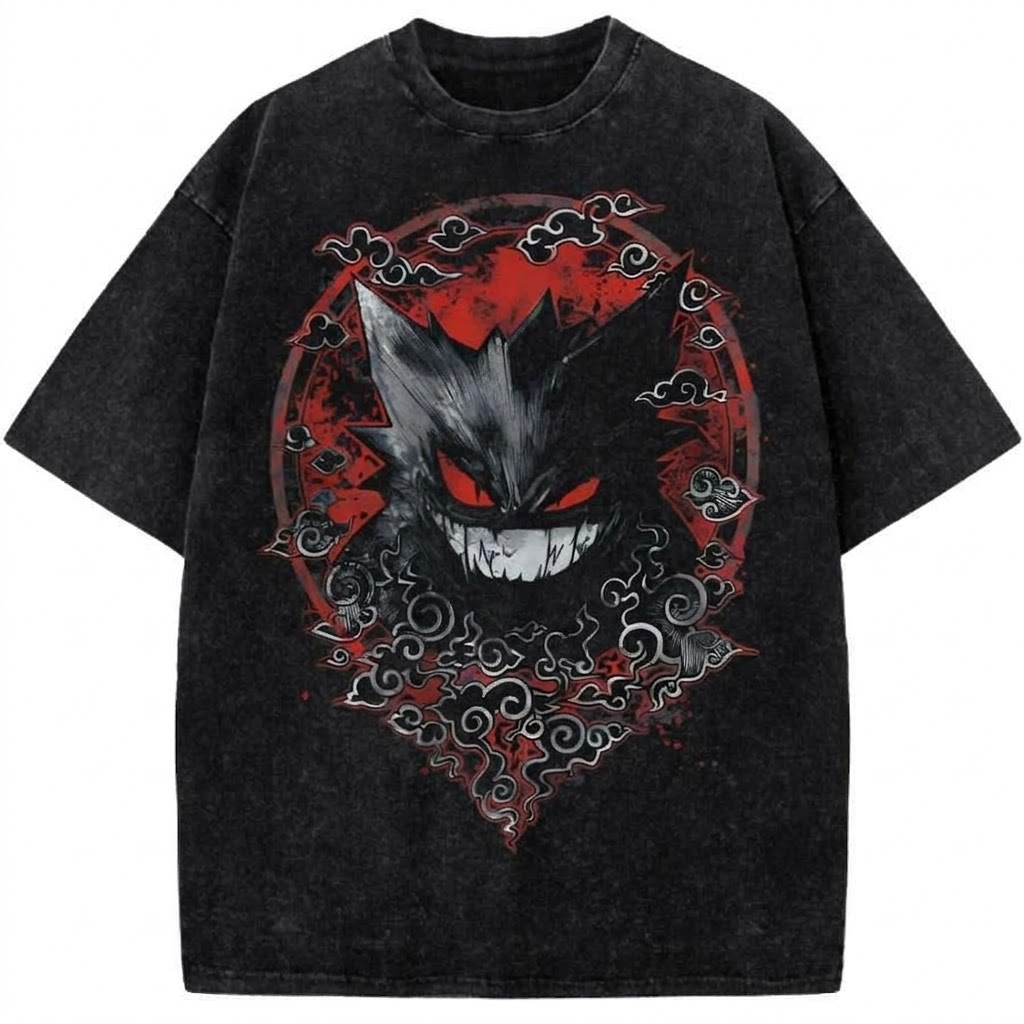 Dark Ghost Monster Anime Vintage Washed Tee Spooky Shadow Creature Graphic T-Shirt