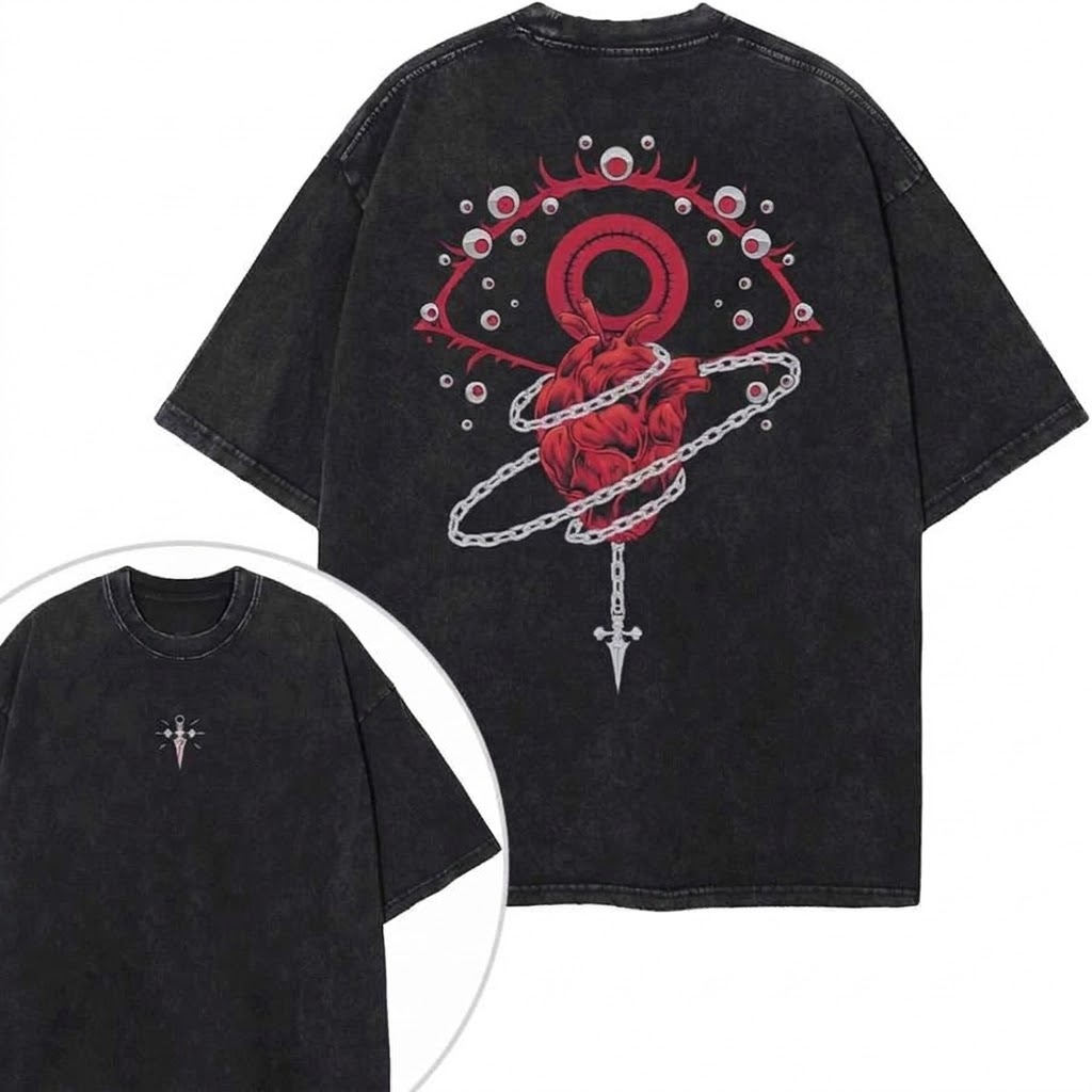 Dark Sacred Heart Mystic Eye Anime Vintage Washed Tee Gothic Occult Aesthetic Graphic T-Shirt