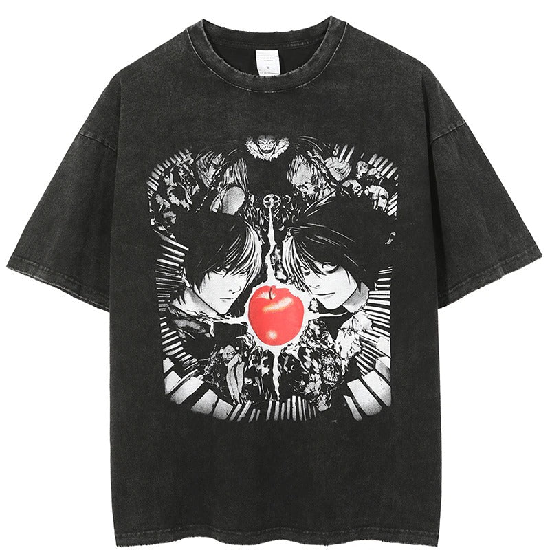 Death Note Apple Anime Vintage Washed T-Shirt Dark Manga Graphic Streetwear Tee For Anime Fans