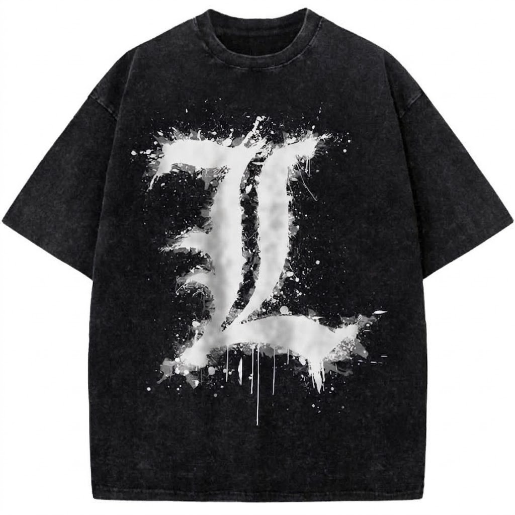 Death Note L Graffiti Logo Anime Vintage Washed T-Shirt Retro Manga Graphic Tee