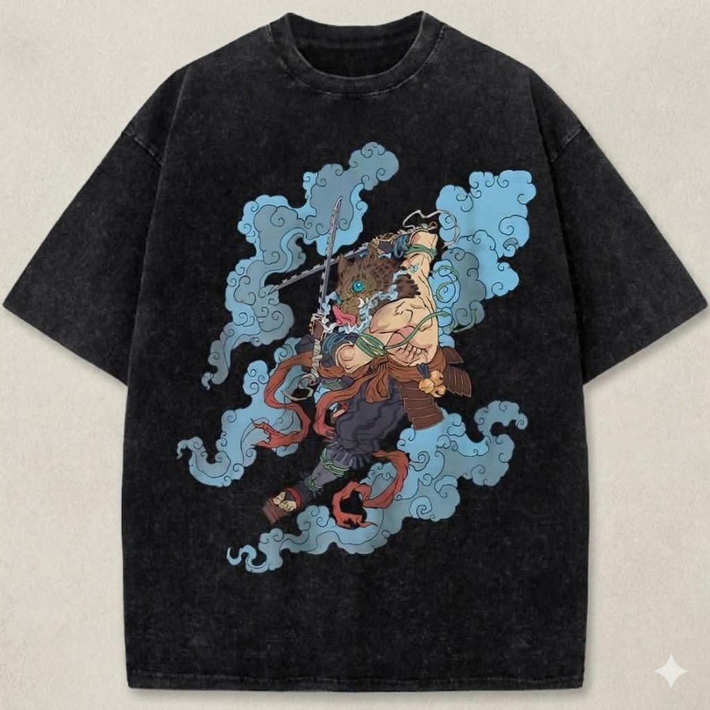 Demon Slayer Inosuke Hashibira Anime Graphic Vintage Washed T-Shirt Japanese Anime Warrior Mask Character Retro Streetwear Vintage Washed Tee
