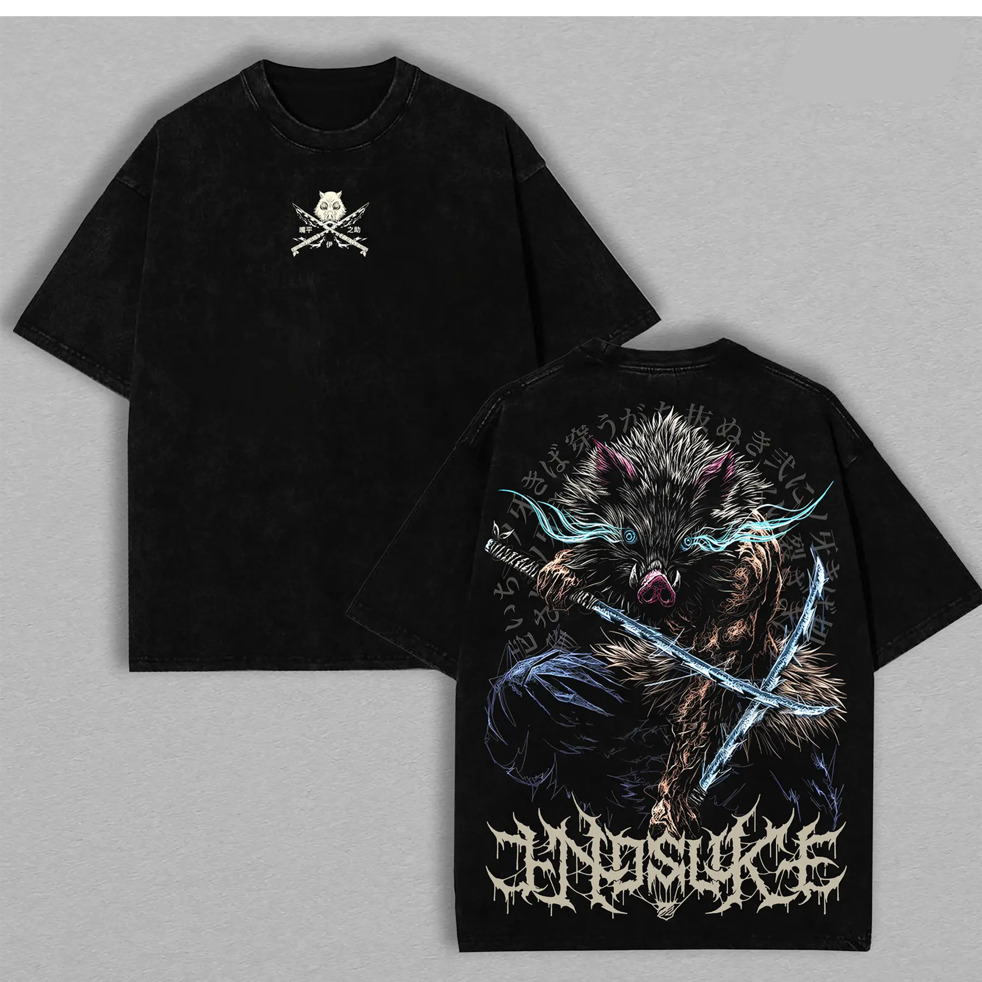 Demon Slayer Inosuke Hashibira Washed Anime T-Shirt – Streetwear Manga Tee, Oversized Anime T-Shirt