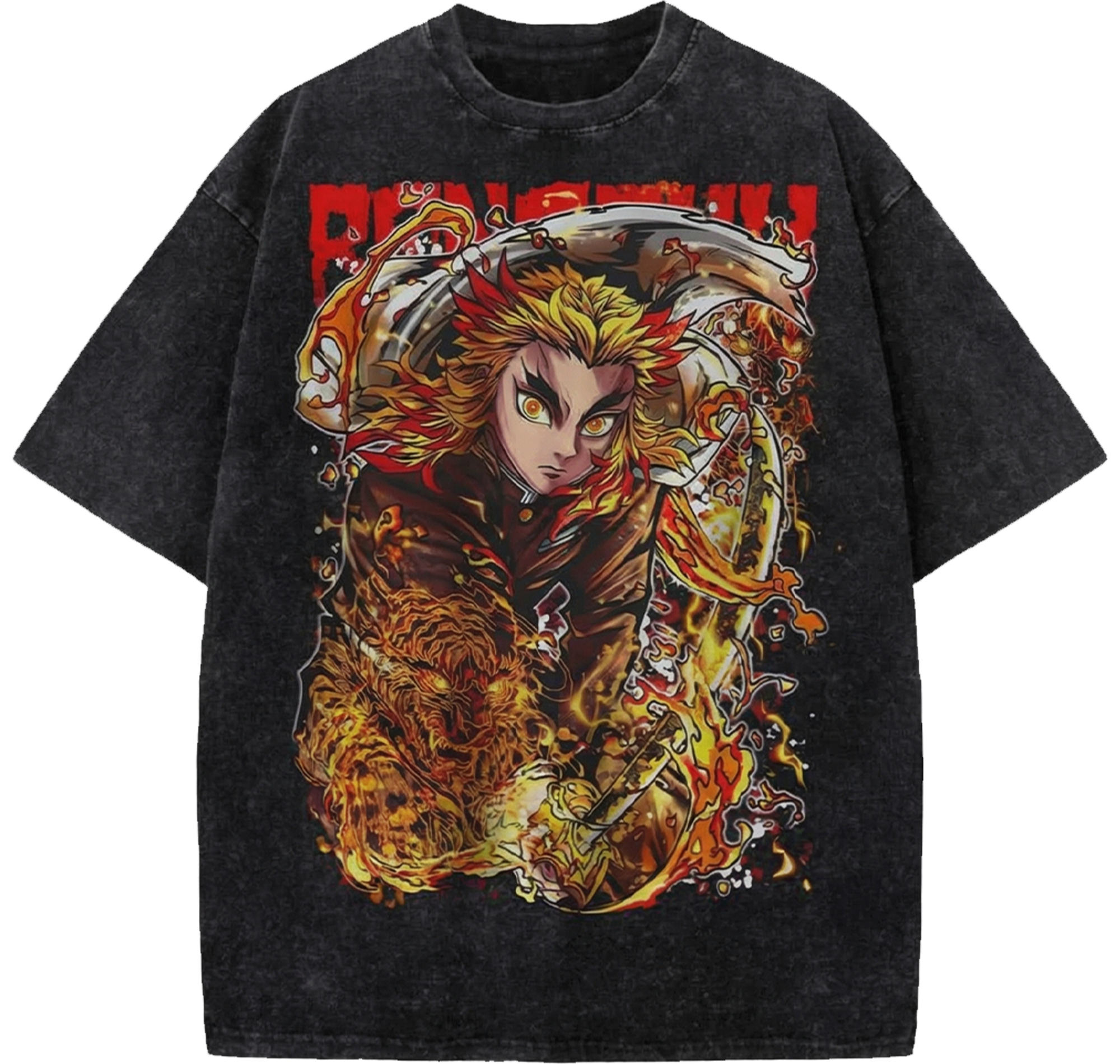 Demon Slayer Kyojuro Rengoku Heavyweight Oversized Washed Shirt - Vintage Anime Japanese Streetwear Tee