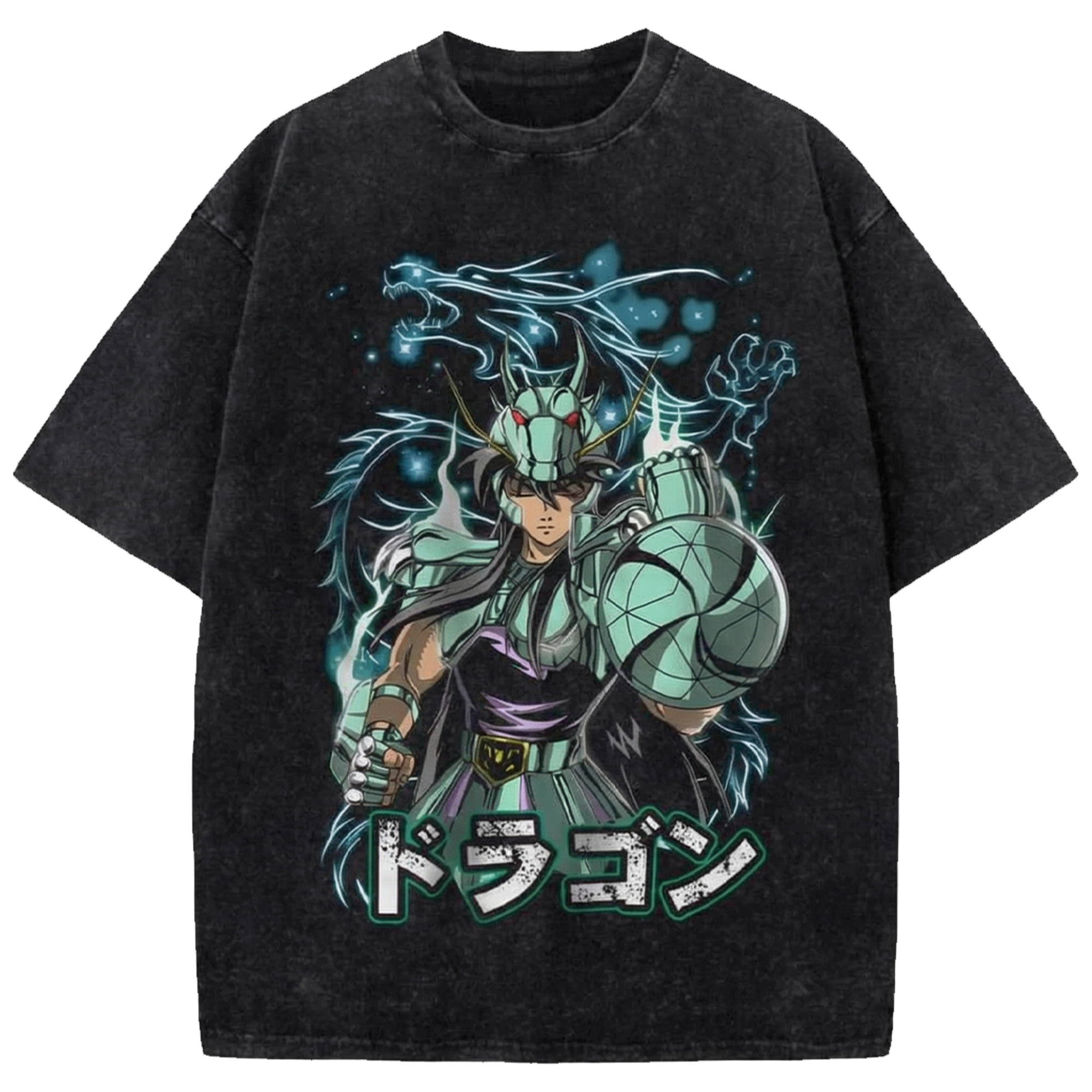 Dragon Shiryu Anime Oversized Washed T-Shirt, Saint Seiya Manga Streetwear Shirt Japanese Vintage Distressed Tee