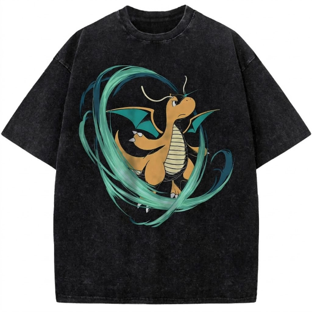 Dragonite Pokémon Vintage Washed Anime Tee Flying Dragon Energy Swirl Graphic Streetwear T-Shirt