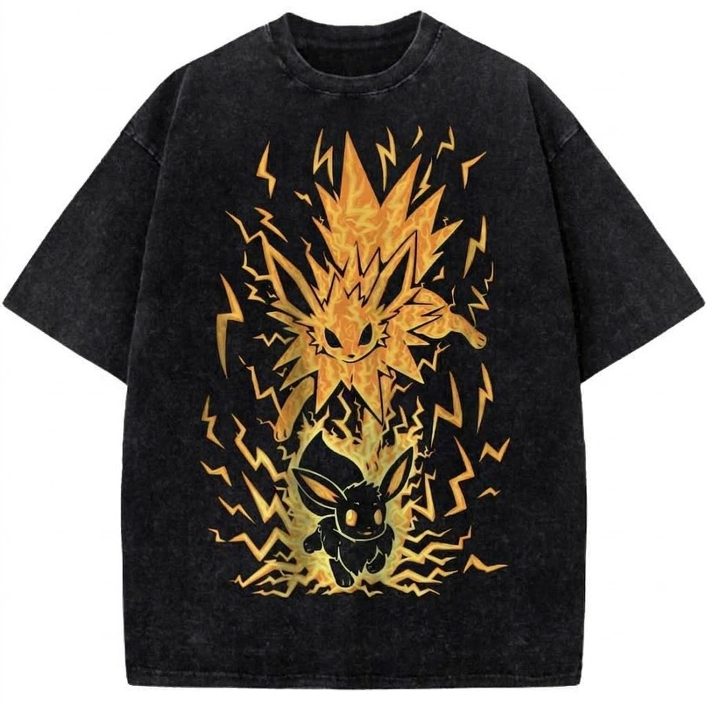 Electric Thunder Fox Anime Vintage Washed Tee Lightning Creature Graphic T-Shirt