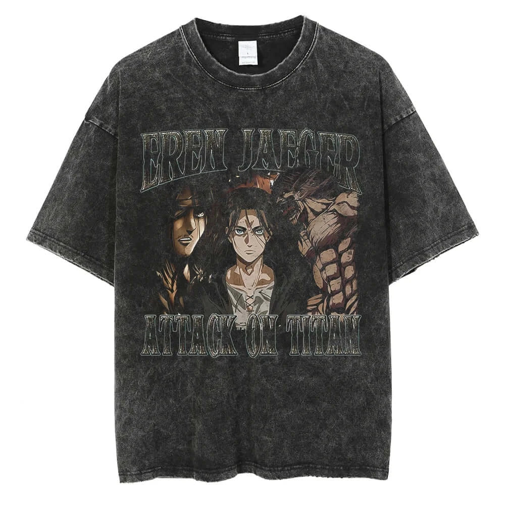 Eren Jaeger Attack On Titan Anime Vintage Washed Graphic Tee Titan Evolution Manga Streetwear T-Shirt