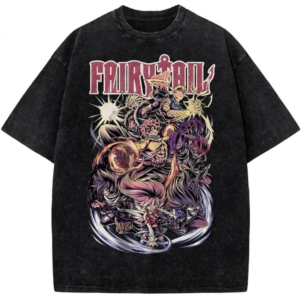 Fairy Tail Anime Characters Collage Graphic Vintage Washed T-Shirt Retro Guild Anime Tee