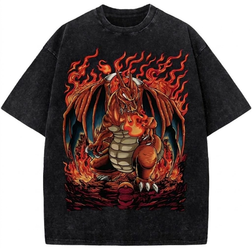 Fire Dragon Anime Vintage Washed Tee Burning Monster Graphic Streetwear T-Shirt