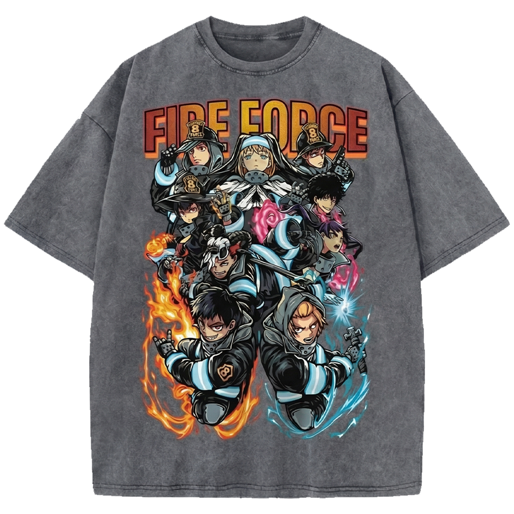 Fire Force Team Anime Oversized Washed Tee, Vintage Distressed Shirt Japanese Manga Streetwear T-Shirt