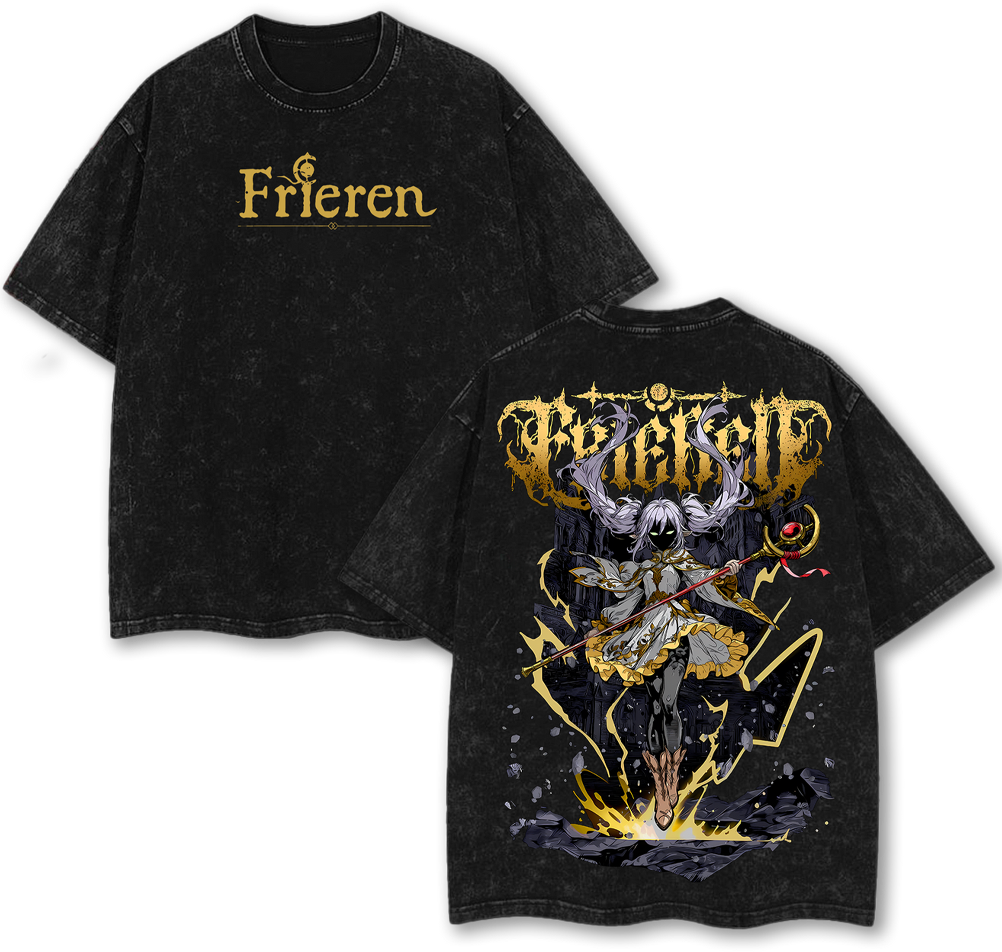 Frieren Beyond Journey's End Anime Vintage Washed Tee Manga Streetwear Oversized Shirt