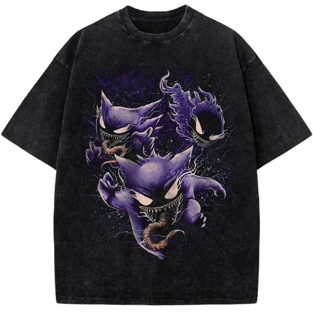 Gengar Pokémon Vintage Washed T-Shirt Dark Ghost Evolution Anime Graphic Tee