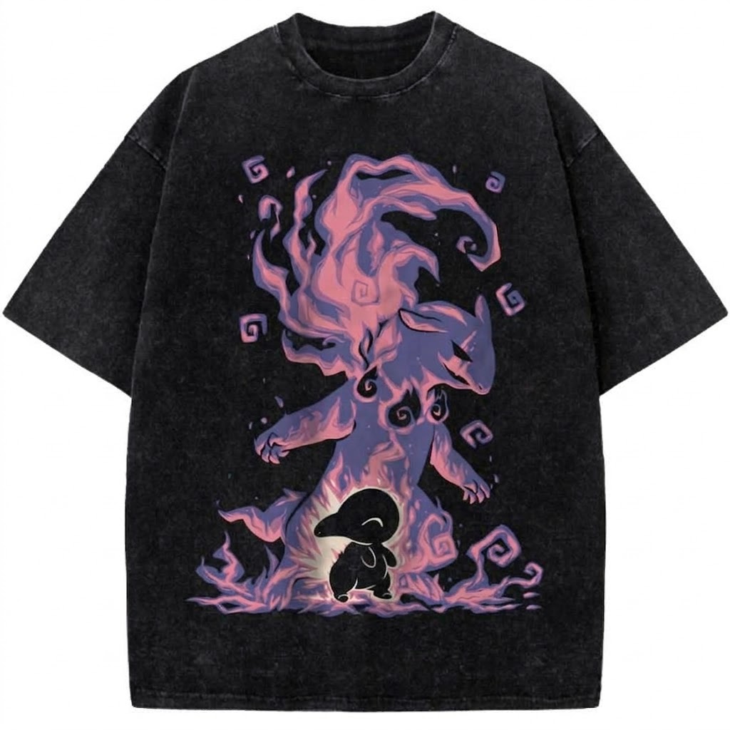 Ghost Flame Creature Anime Vintage Washed Tee Mystic Spirit Evolution Graphic T-Shirt