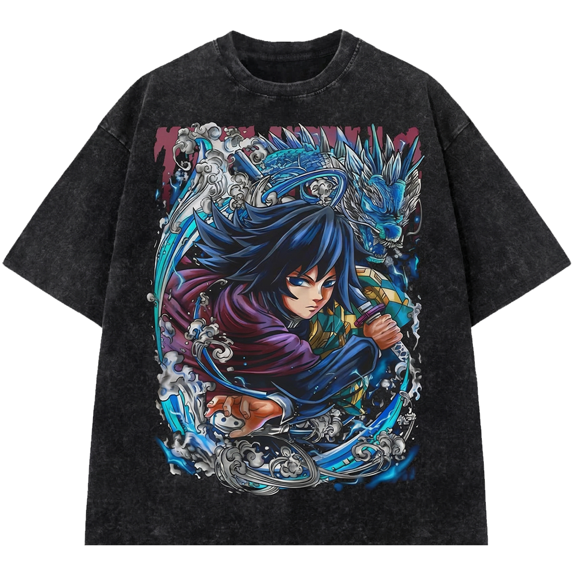 Giyu Tomioka Anime Vintage Washed Tee , Demon Slayer Manga Streetwear Shirt Japanese Distressed Oversized T-Shirt
