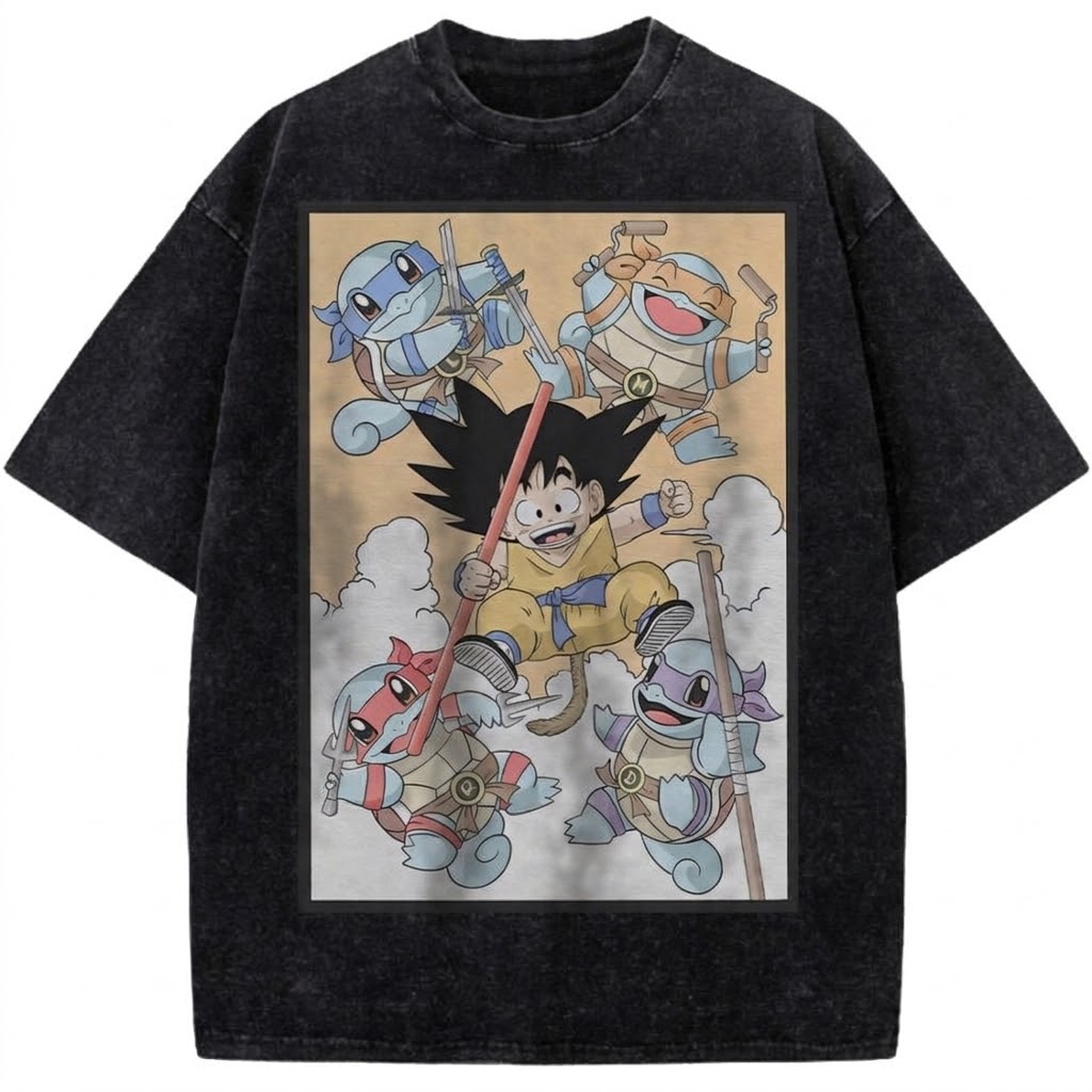 Goku Squirtle Ninja Squad Anime Vintage Washed Tee Retro Dragon Ball Pokemon Crossover Graphic T-Shirt