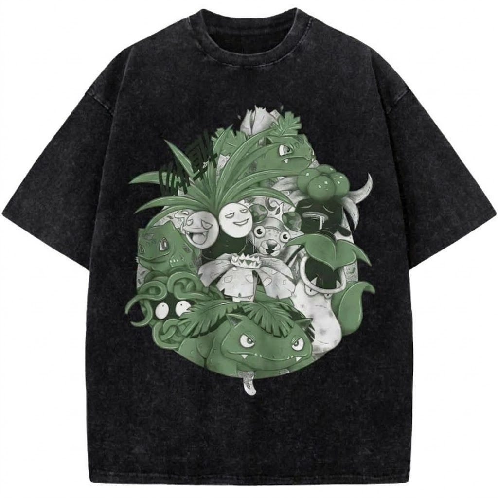 Green Plant Monster Squad Anime Vintage Washed Tee Nature Creature Graphic T-Shirt