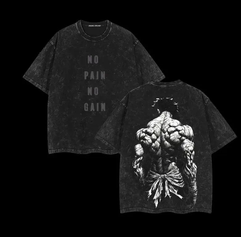 Hanma Baki No Pain No Gain Washed Anime T-Shirt Streetwear Oversized Anime T-Shirt