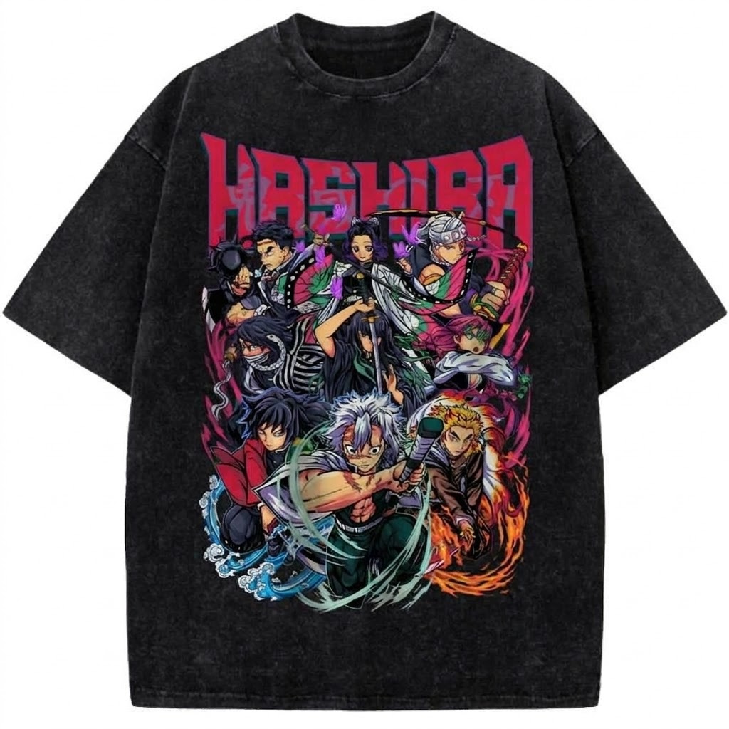 Hashira Warriors Anime Vintage Washed Tee Anime Swordsmen Squad Graphic T-Shirt