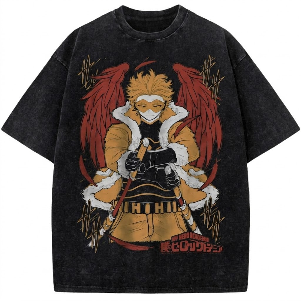 Hawks My Hero Academia Vintage Washed Anime Tee Winged Pro Hero Keigo Takami Graphic Streetwear T-Shirt