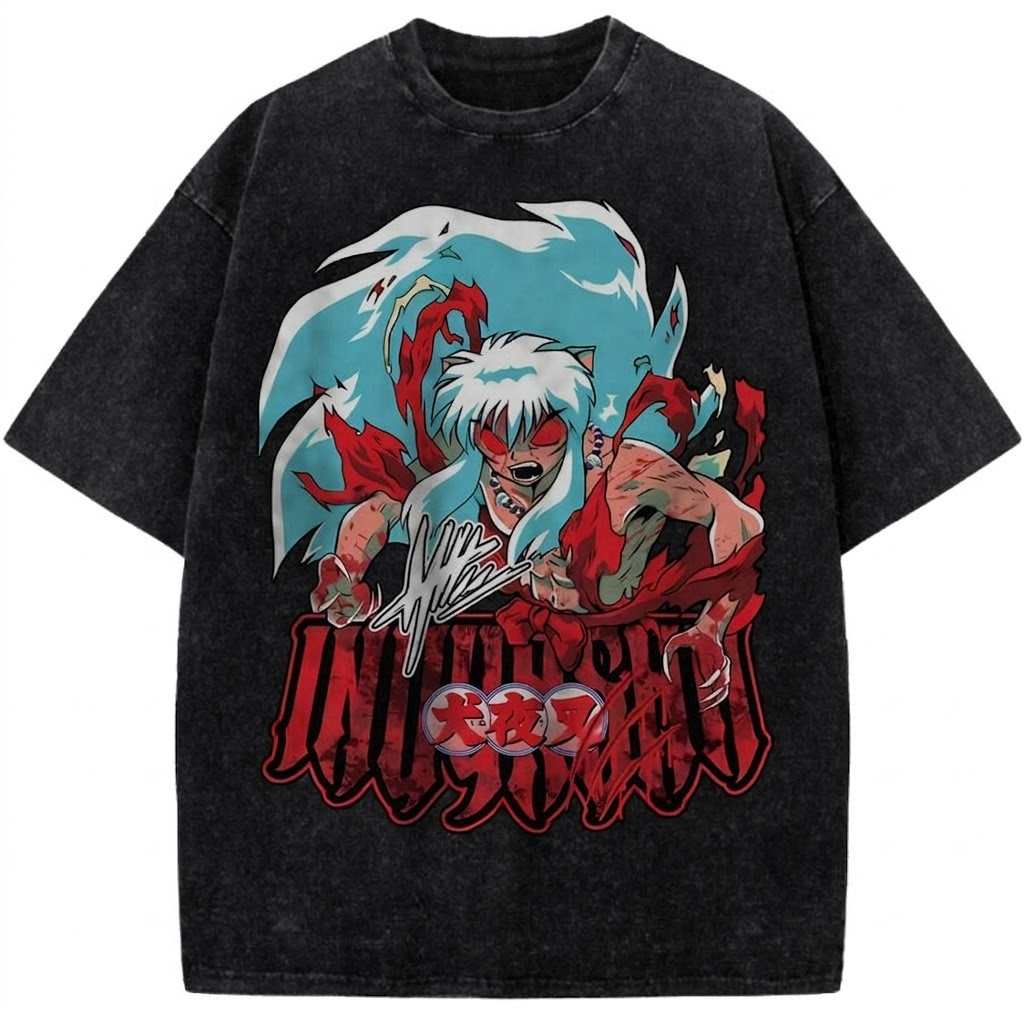 Inuyasha Demon Rage Vintage Washed Anime Tee Half Demon Warrior Graphic Streetwear T-Shirt
