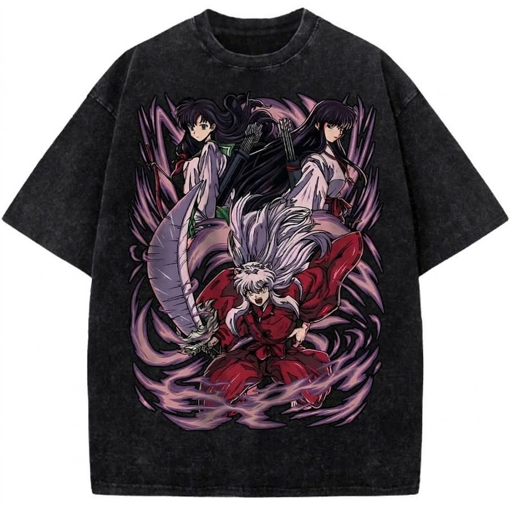 Inuyasha Kagome Kikyo Anime Graphic Vintage Washed T-Shirt Retro Japanese Anime Character Collage Streetwear Vintage Washed Tee