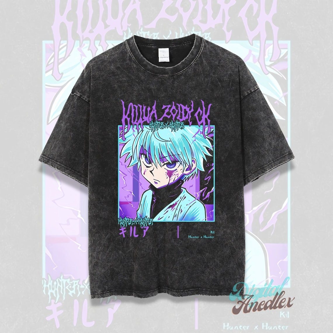 Japanese Anime Manga Vintage Washed T-Shirt Retro Anime Graphic Tee Oversized Otaku Streetwear