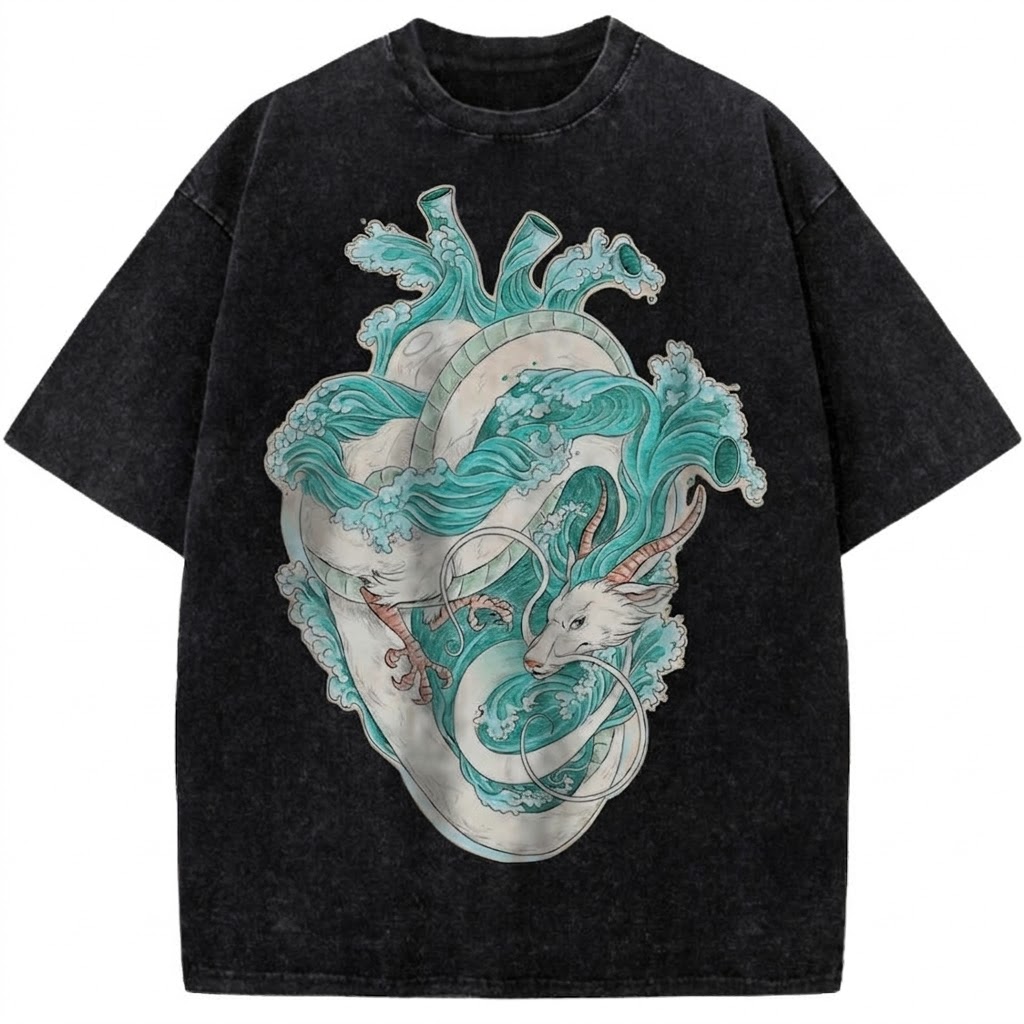 Japanese Dragon Heart Vintage Washed Graphic Tee Mythical Serpent Ocean Wave Tattoo Style Streetwear T-Shirt