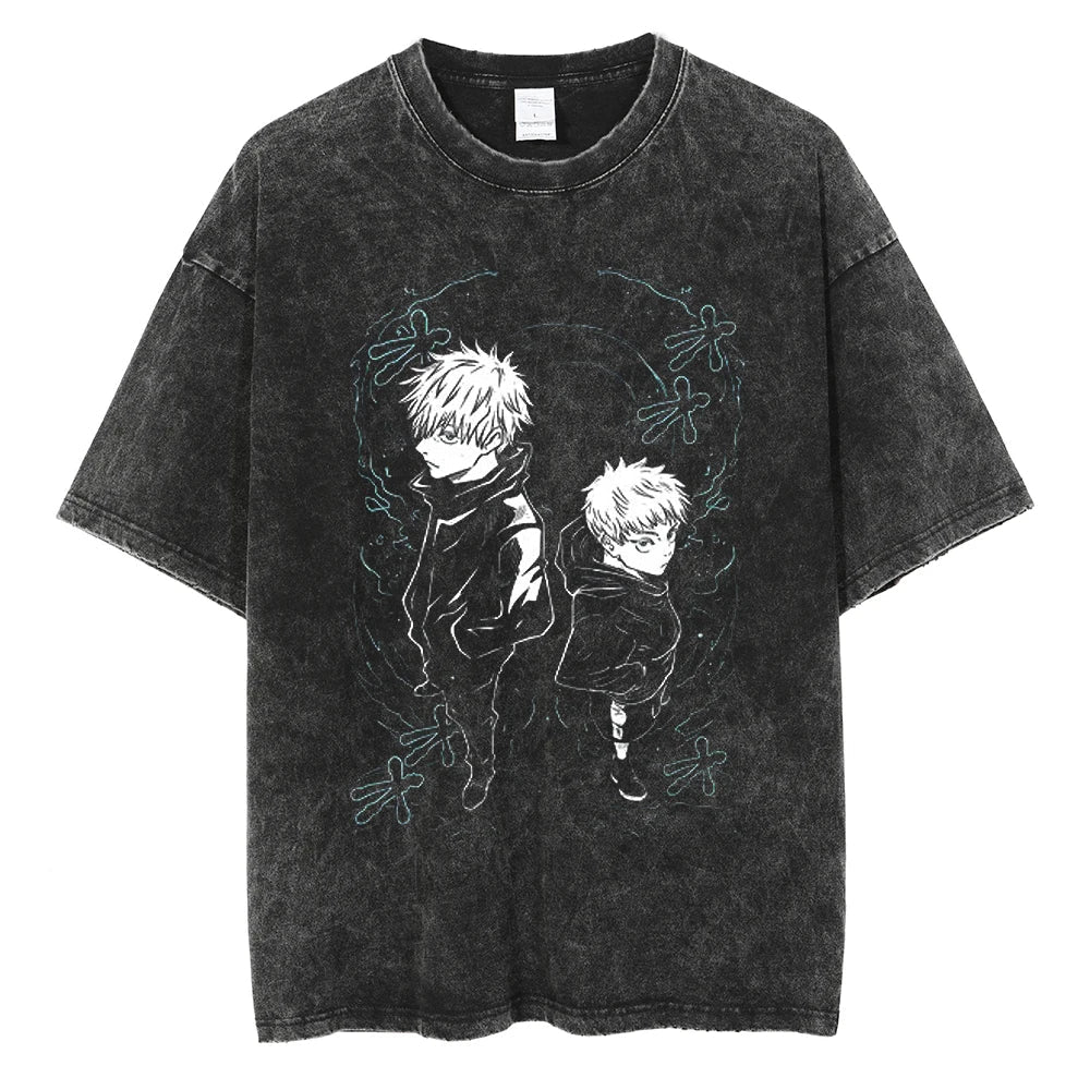 Jujutsu Kaisen Gojo & Geto Minimal Line Art Vintage Washed Anime T-Shirt
